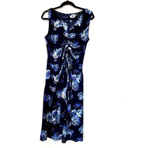 Halogen Navy Blue Floral Ruched Midi Dress M